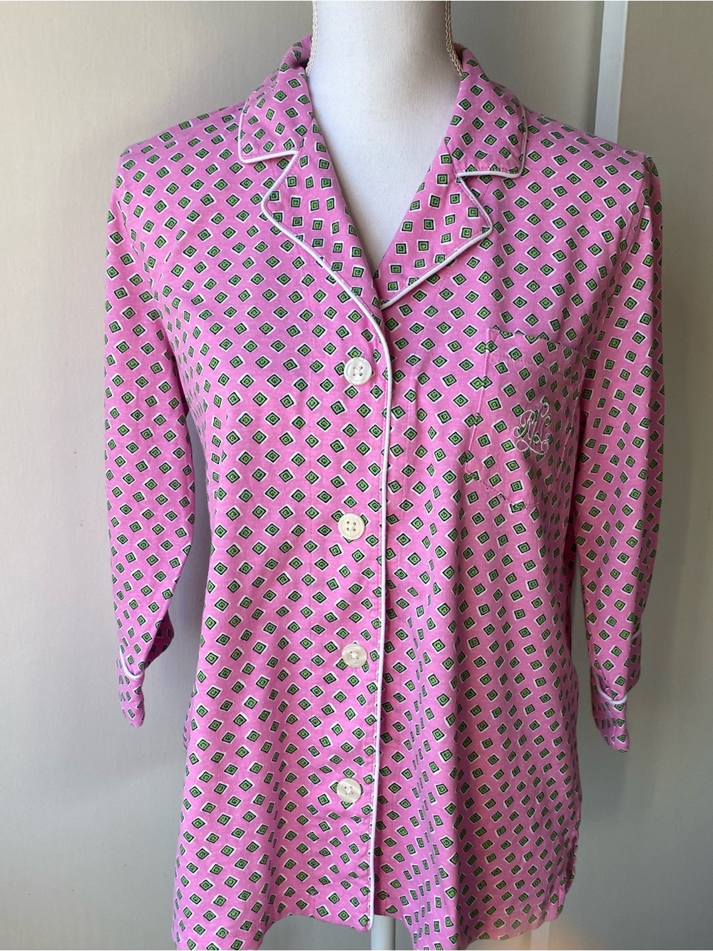 Lauren Ralph Lauren Pink Pajama Top Size Large Cotton 3/4 Sleeve Button Down EUC